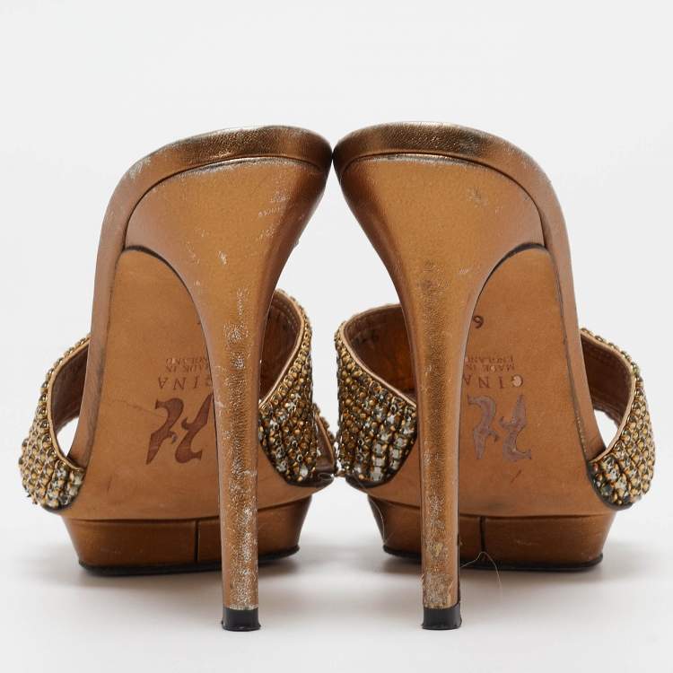 Pre Owned Gina Metallic Bronze Leather Crystal Embellished Slide Sandals Size 39