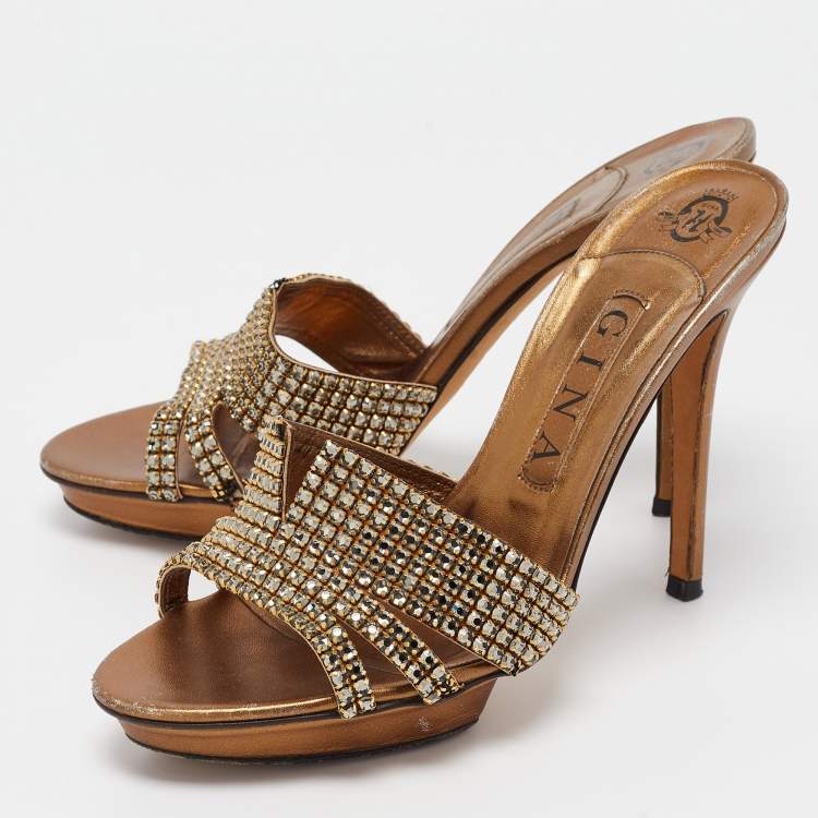 Pre Owned Gina Metallic Bronze Leather Crystal Embellished Slide Sandals Size 39