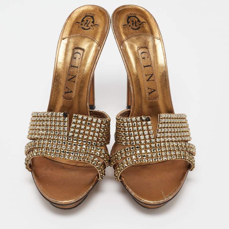 Pre Owned Gina Metallic Bronze Leather Crystal Embellished Slide Sandals Size 39