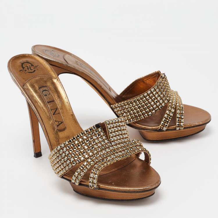 Pre Owned Gina Metallic Bronze Leather Crystal Embellished Slide Sandals Size 39