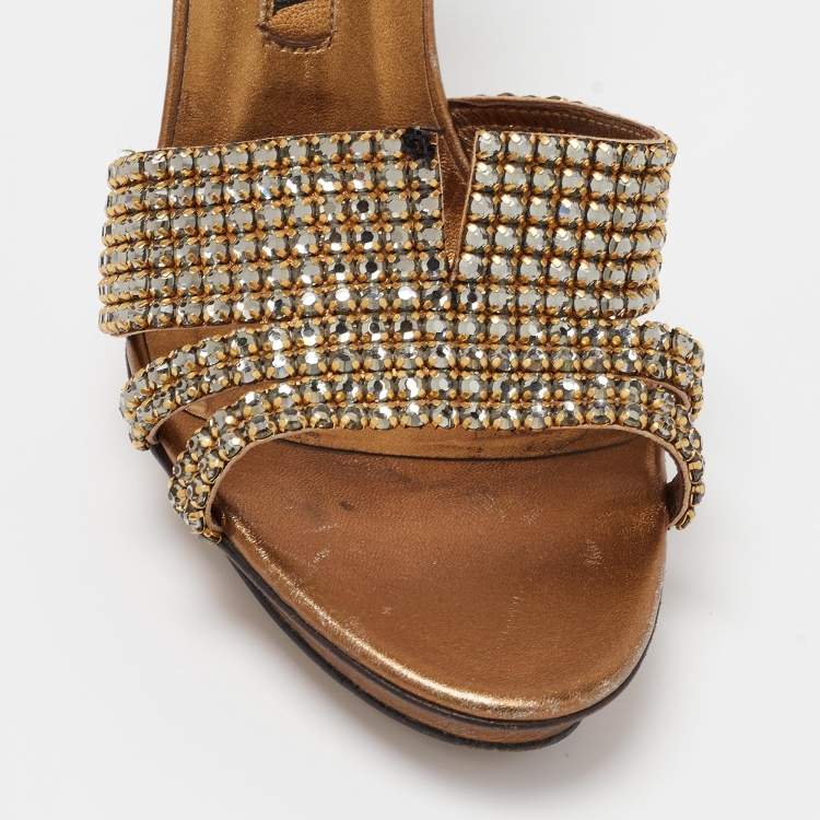 Pre Owned Gina Metallic Bronze Leather Crystal Embellished Slide Sandals Size 39