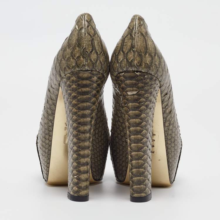 Pre Owned Gina Green Python Platform Block Heel Pumps Size 39