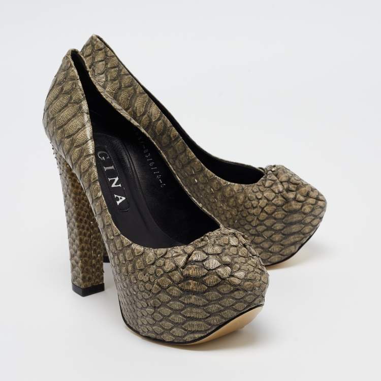 Pre Owned Gina Green Python Platform Block Heel Pumps Size 39