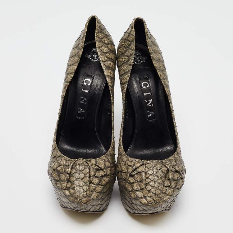 Pre Owned Gina Green Python Platform Block Heel Pumps Size 39