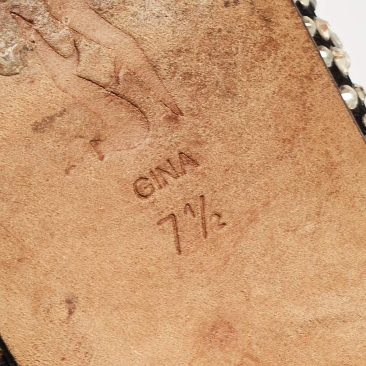 Pre Owned Gina Black/Metallic Crystal Embellished Satin Ballet Flats Size 40.5