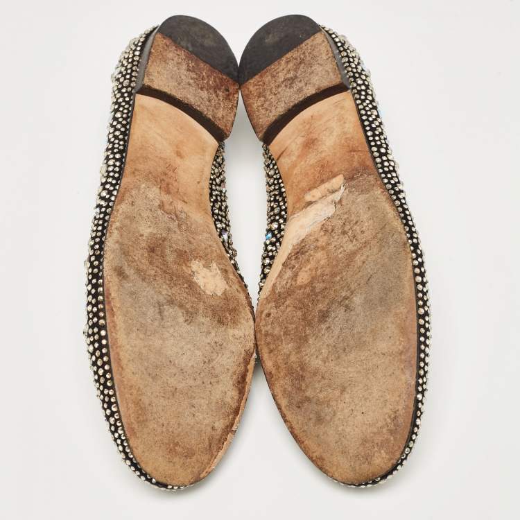 Pre Owned Gina Black/Metallic Crystal Embellished Satin Ballet Flats Size 40.5