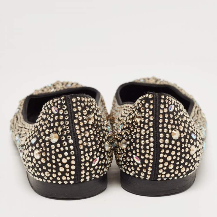 Pre Owned Gina Black/Metallic Crystal Embellished Satin Ballet Flats Size 40.5