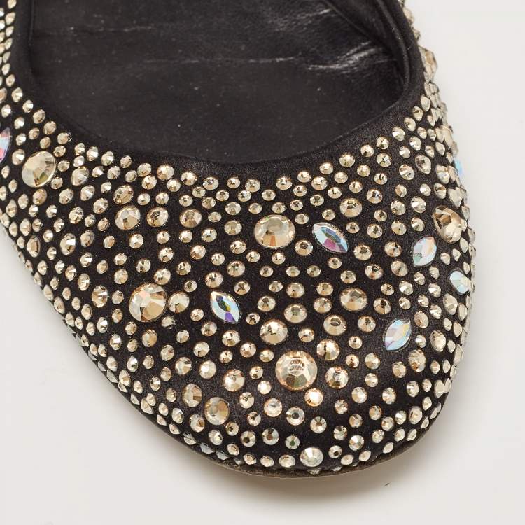 Pre Owned Gina Black/Metallic Crystal Embellished Satin Ballet Flats Size 40.5