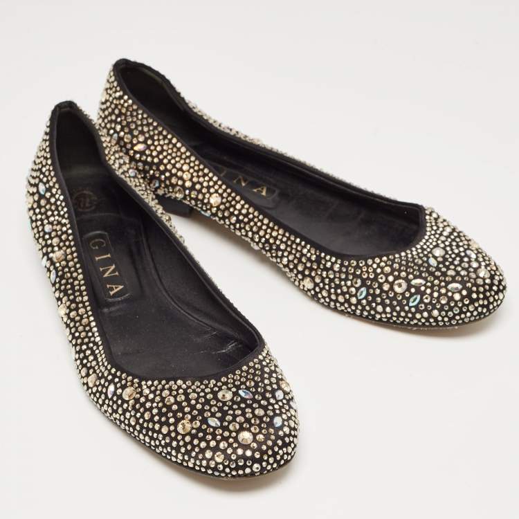 Pre Owned Gina Black/Metallic Crystal Embellished Satin Ballet Flats Size 40.5