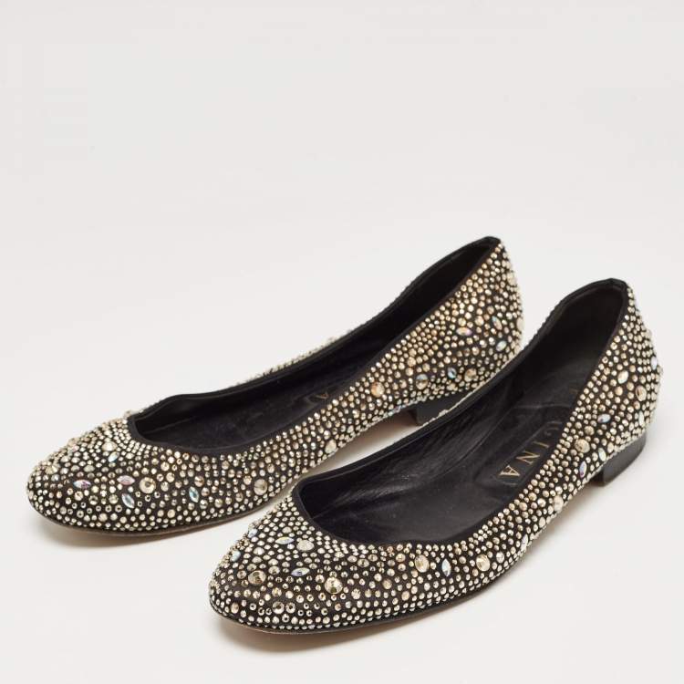 Pre Owned Gina Black/Metallic Crystal Embellished Satin Ballet Flats Size 40.5