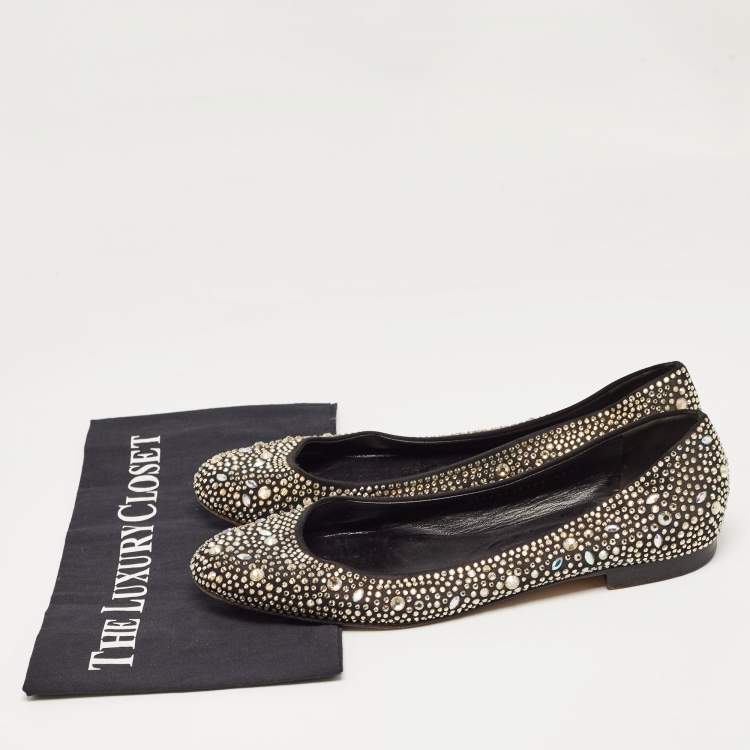Pre Owned Gina Black/Metallic Crystal Embellished Satin Ballet Flats Size 40.5
