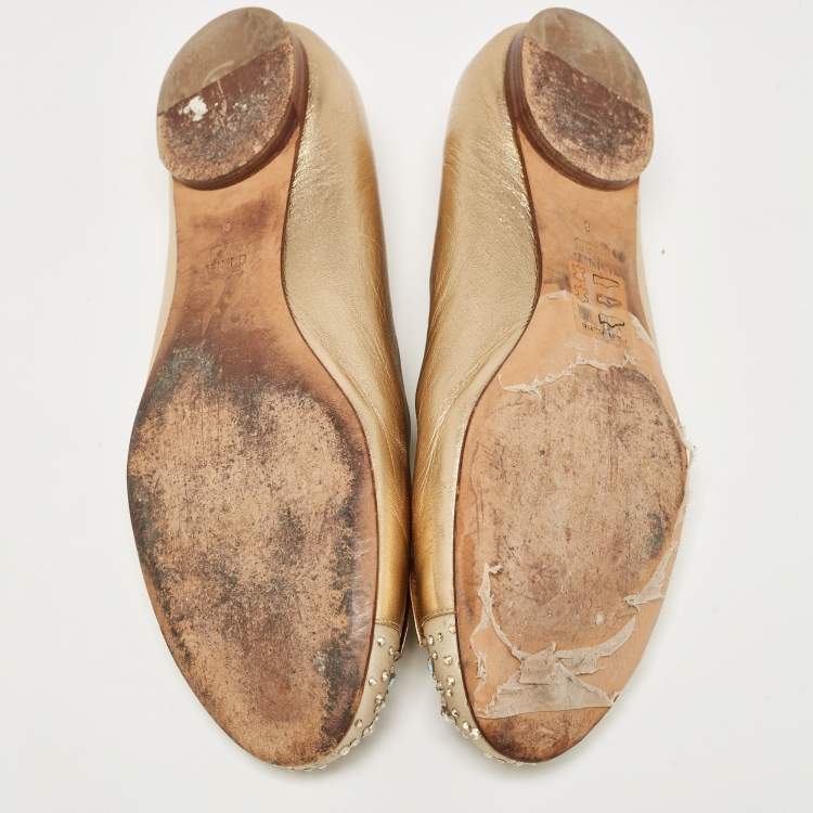 Pre Owned Gina Gold Leather and Crystal Embellished Satin Cap Toe Bow Ballet Flats Size 41