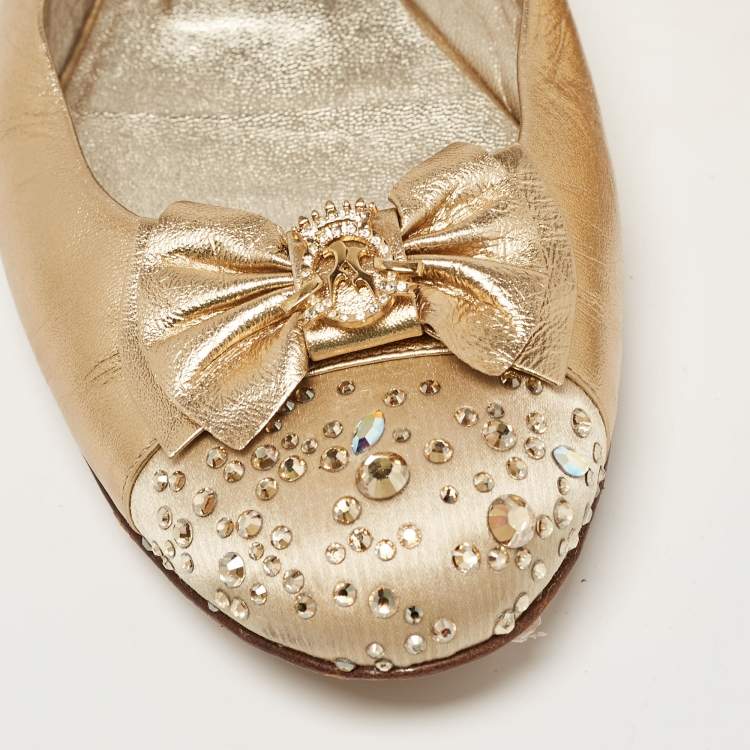 Pre Owned Gina Gold Leather and Crystal Embellished Satin Cap Toe Bow Ballet Flats Size 41