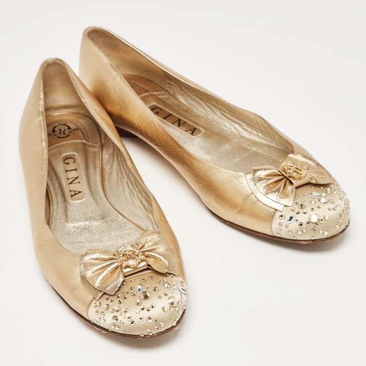 Pre Owned Gina Gold Leather and Crystal Embellished Satin Cap Toe Bow Ballet Flats Size 41