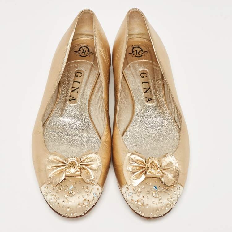 Pre Owned Gina Gold Leather and Crystal Embellished Satin Cap Toe Bow Ballet Flats Size 41
