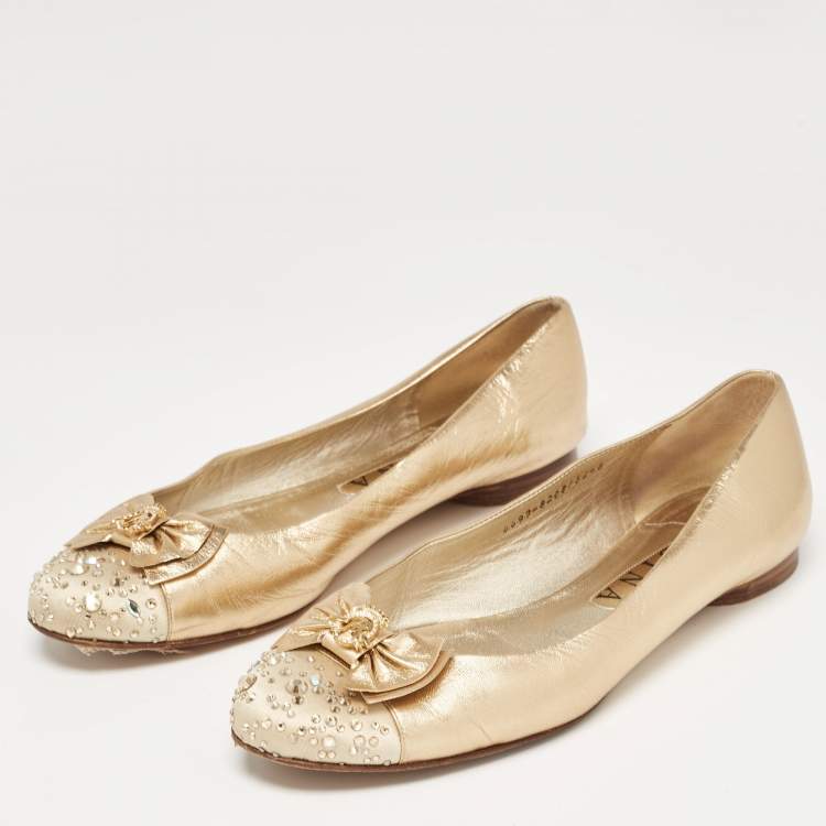Pre Owned Gina Gold Leather and Crystal Embellished Satin Cap Toe Bow Ballet Flats Size 41
