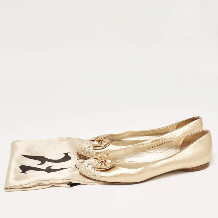 Pre Owned Gina Gold Leather and Crystal Embellished Satin Cap Toe Bow Ballet Flats Size 41