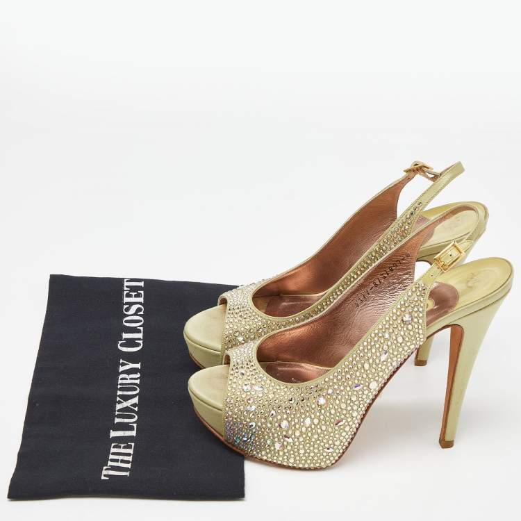 Pre Owned Gina Green Satin Crystal Embellished Platform Sandals Size 39
