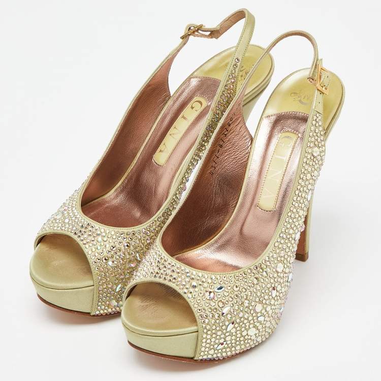 Pre Owned Gina Green Satin Crystal Embellished Platform Sandals Size 39