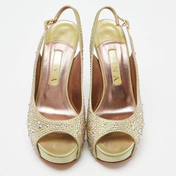Pre Owned Gina Green Satin Crystal Embellished Platform Sandals Size 39