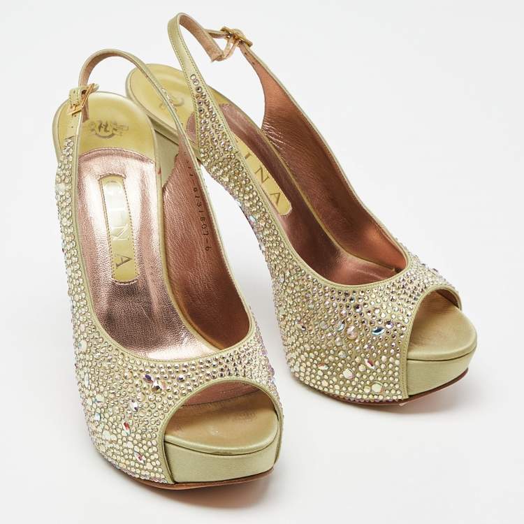 Pre Owned Gina Green Satin Crystal Embellished Platform Sandals Size 39