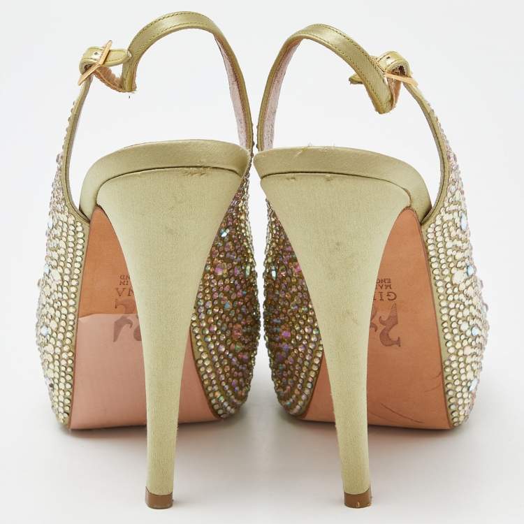 Pre Owned Gina Green Satin Crystal Embellished Platform Sandals Size 39