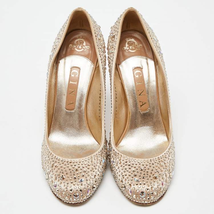Pre Owned Gina Gold Satin Crystals Embellished Pumps Size 38.5