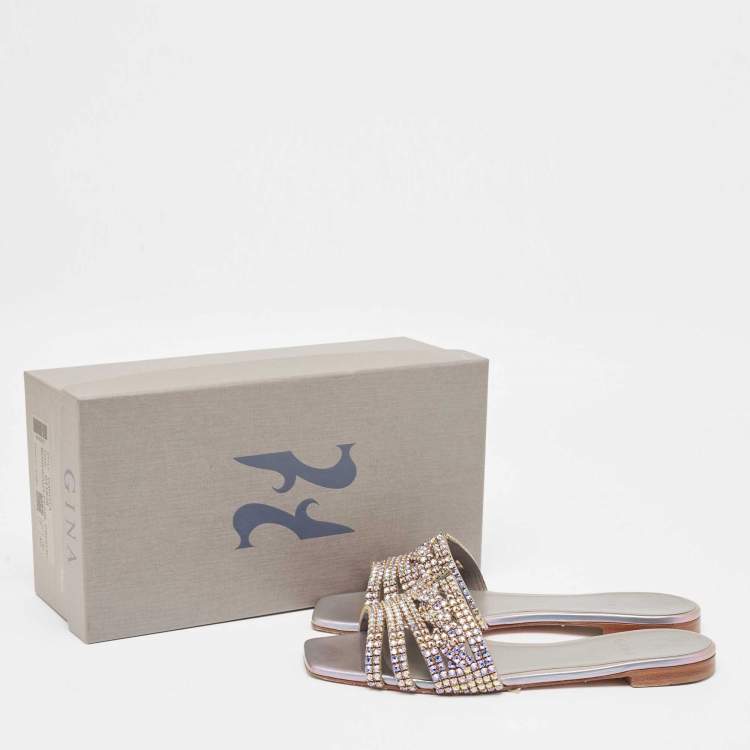 Pre Owned Gina Silver/Purple Leather Crystal Embellished Flat Slides Size 40