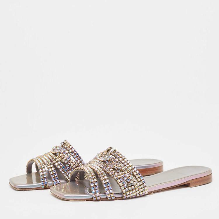Pre Owned Gina Silver/Purple Leather Crystal Embellished Flat Slides Size 40