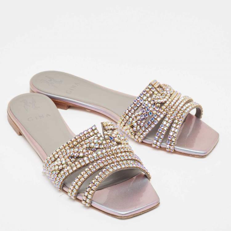 Pre Owned Gina Silver/Purple Leather Crystal Embellished Flat Slides Size 40