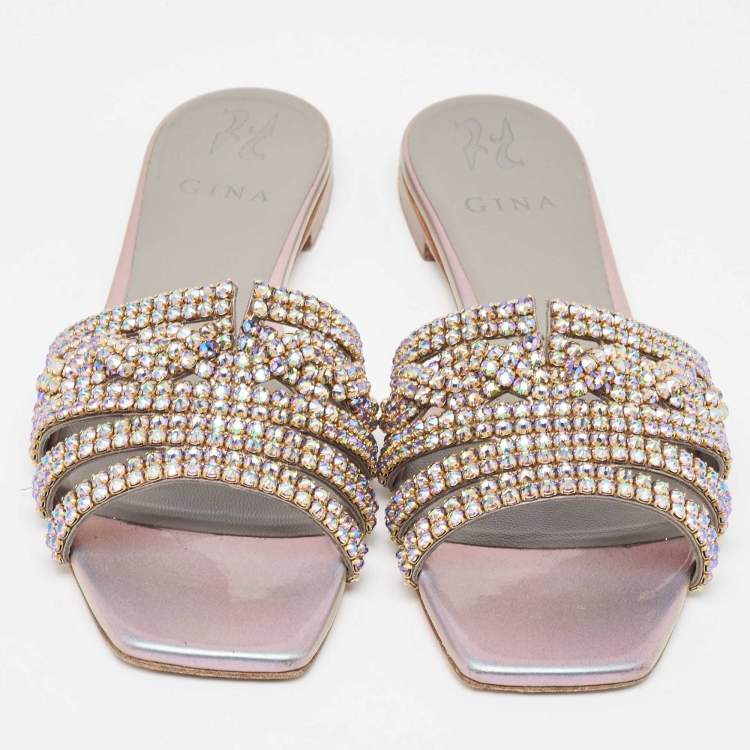 Pre Owned Gina Silver/Purple Leather Crystal Embellished Flat Slides Size 40