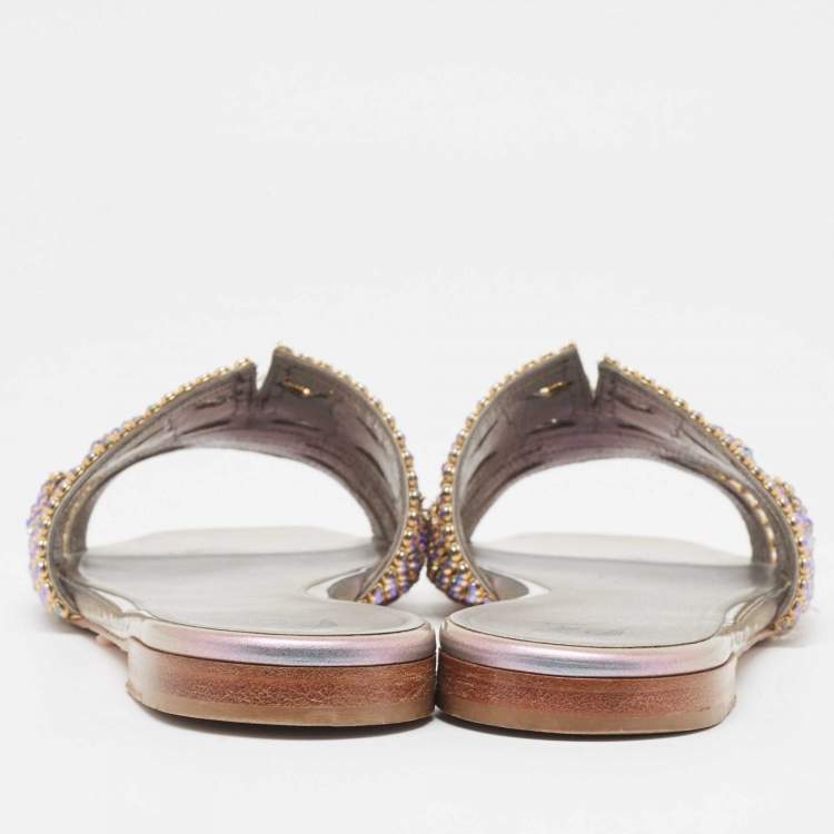 Pre Owned Gina Silver/Purple Leather Crystal Embellished Flat Slides Size 40