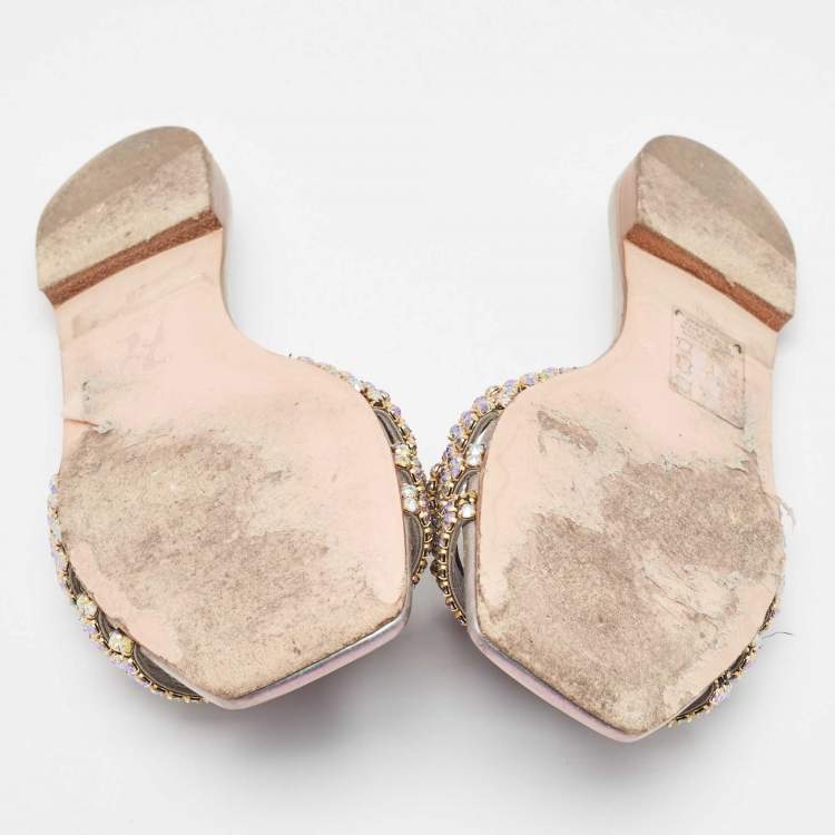 Pre Owned Gina Silver/Purple Leather Crystal Embellished Flat Slides Size 40