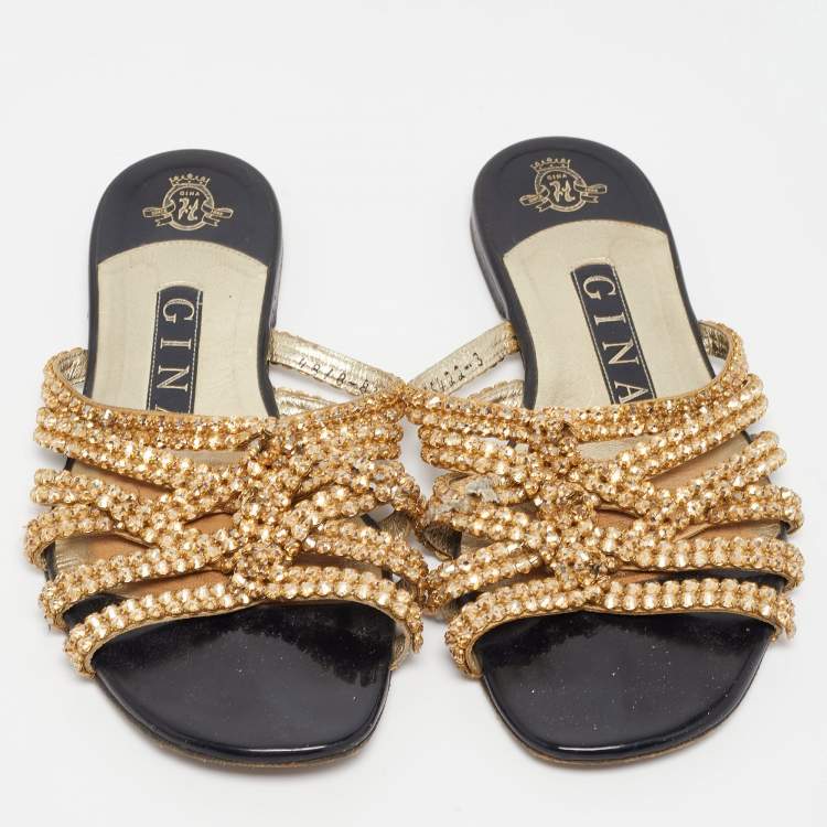 Pre Owned Gina Gold Crystal Embellished Leather Flat Slides Size 36