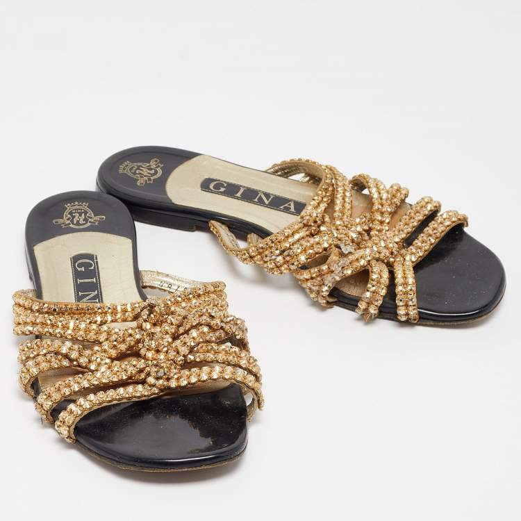 Pre Owned Gina Gold Crystal Embellished Leather Flat Slides Size 36