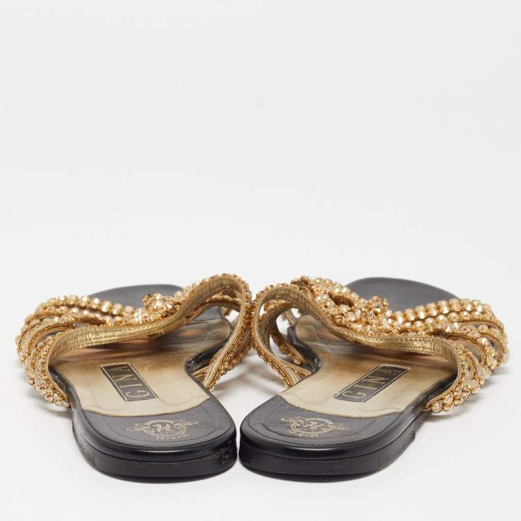 Pre Owned Gina Gold Crystal Embellished Leather Flat Slides Size 36