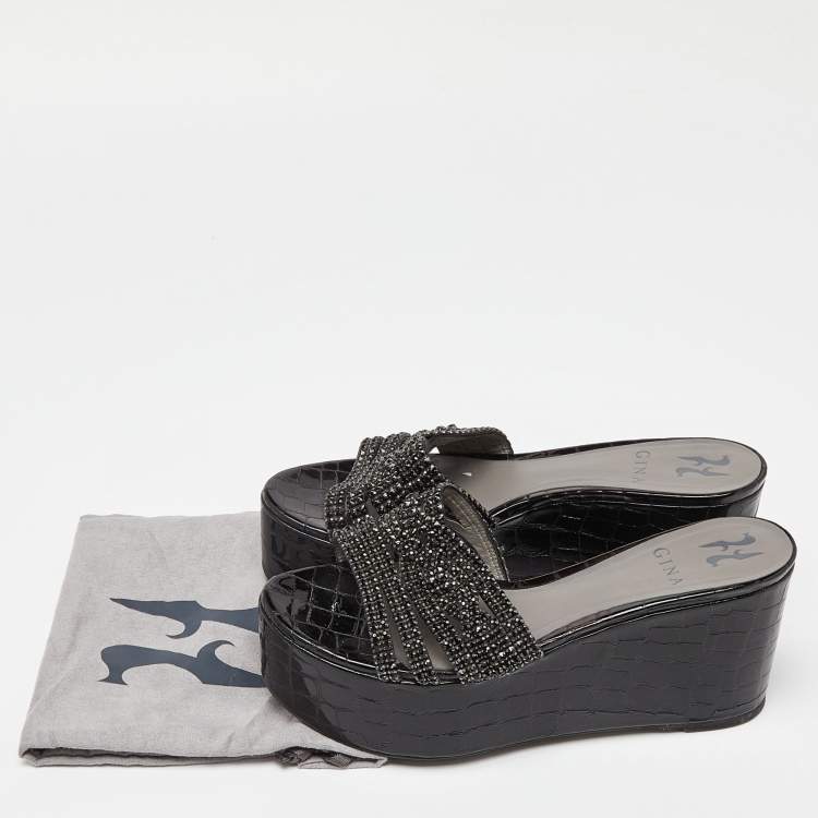 Pre Owned Gina Black Patent Leather Crystal Embellished Wedge Platform Sandals Size 38.5