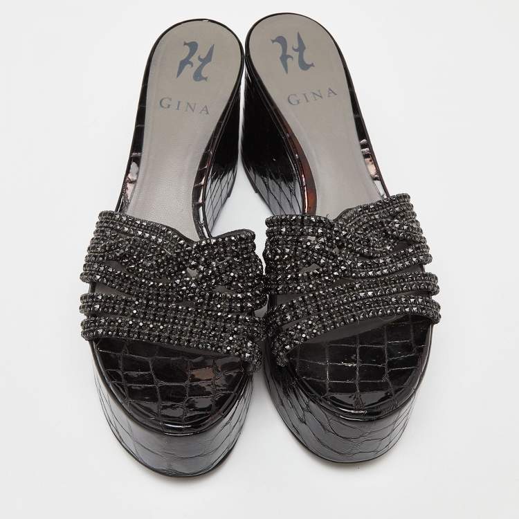 Pre Owned Gina Black Patent Leather Crystal Embellished Wedge Platform Sandals Size 38.5