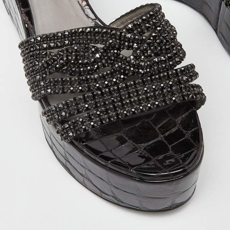 Pre Owned Gina Black Patent Leather Crystal Embellished Wedge Platform Sandals Size 38.5