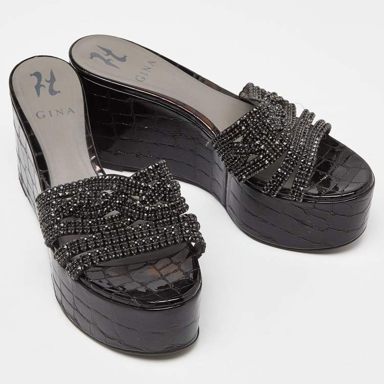Pre Owned Gina Black Patent Leather Crystal Embellished Wedge Platform Sandals Size 38.5