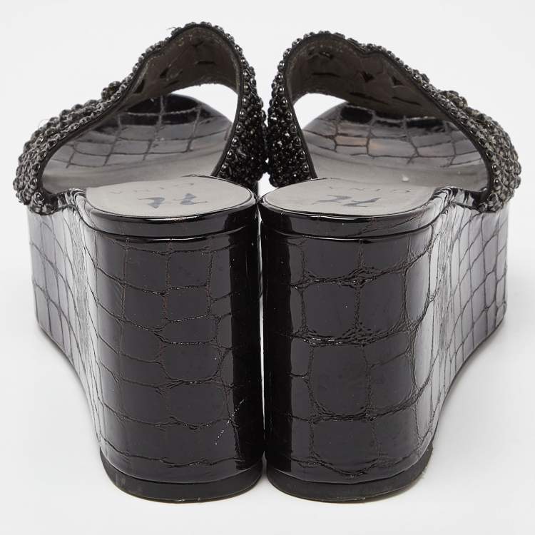 Pre Owned Gina Black Patent Leather Crystal Embellished Wedge Platform Sandals Size 38.5