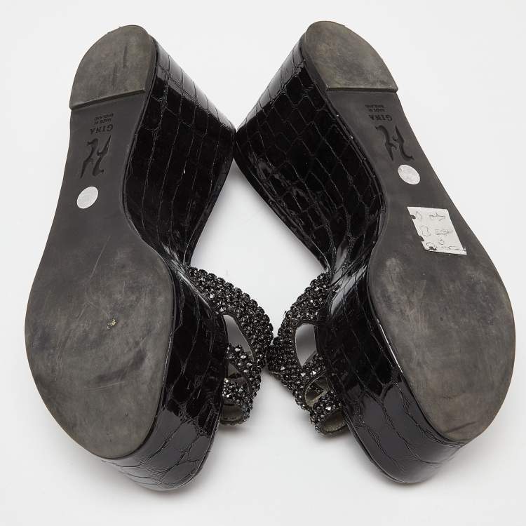Pre Owned Gina Black Patent Leather Crystal Embellished Wedge Platform Sandals Size 38.5