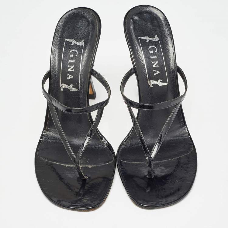 Pre Owned Gina Black Patent Leather Thong Slide Sandals Size 39