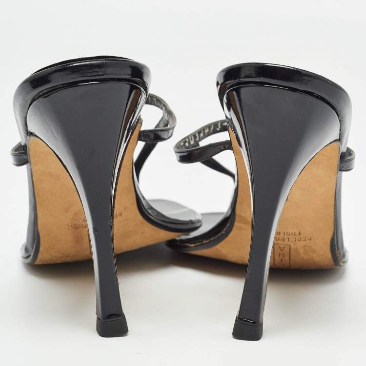 Pre Owned Gina Black Patent Leather Thong Slide Sandals Size 39