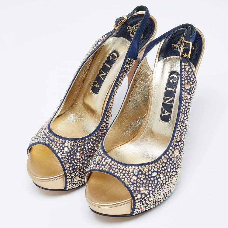 Pre Owned Gina Navy Blue/Gold Crystal Embellished Satin Open Toe Slingback Sandals Size 39