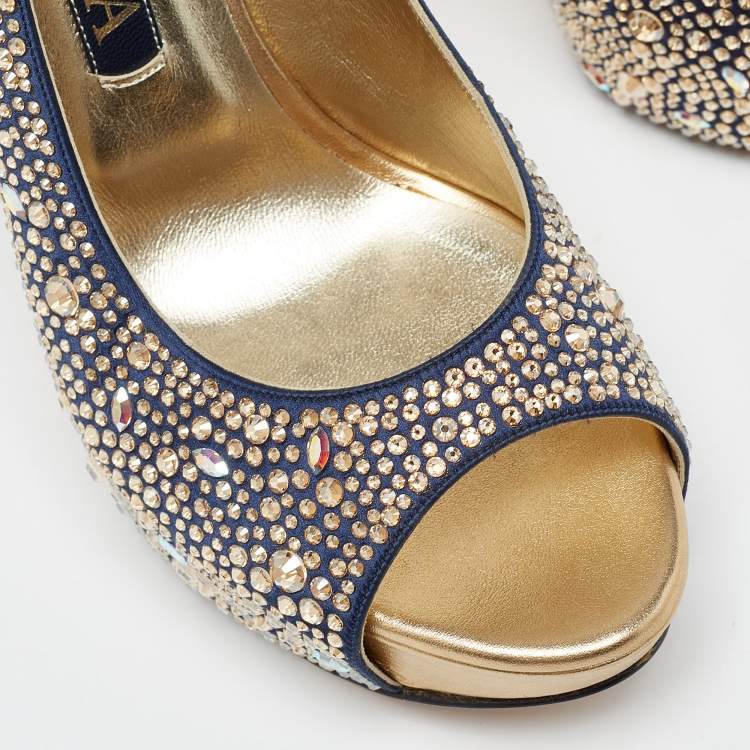 Pre Owned Gina Navy Blue/Gold Crystal Embellished Satin Open Toe Slingback Sandals Size 39