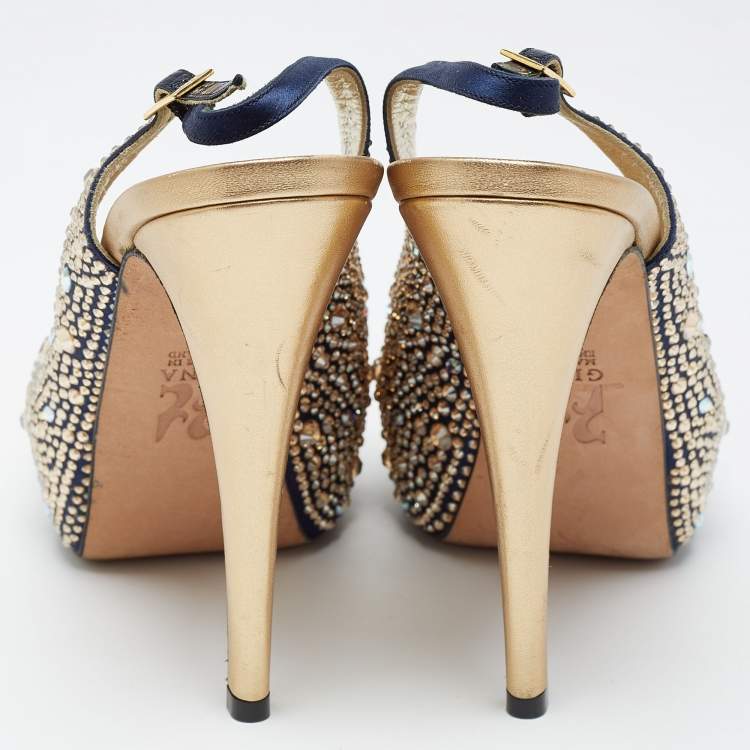 Pre Owned Gina Navy Blue/Gold Crystal Embellished Satin Open Toe Slingback Sandals Size 39