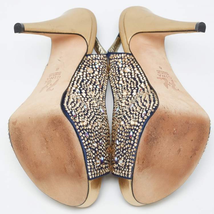 Pre Owned Gina Navy Blue/Gold Crystal Embellished Satin Open Toe Slingback Sandals Size 39