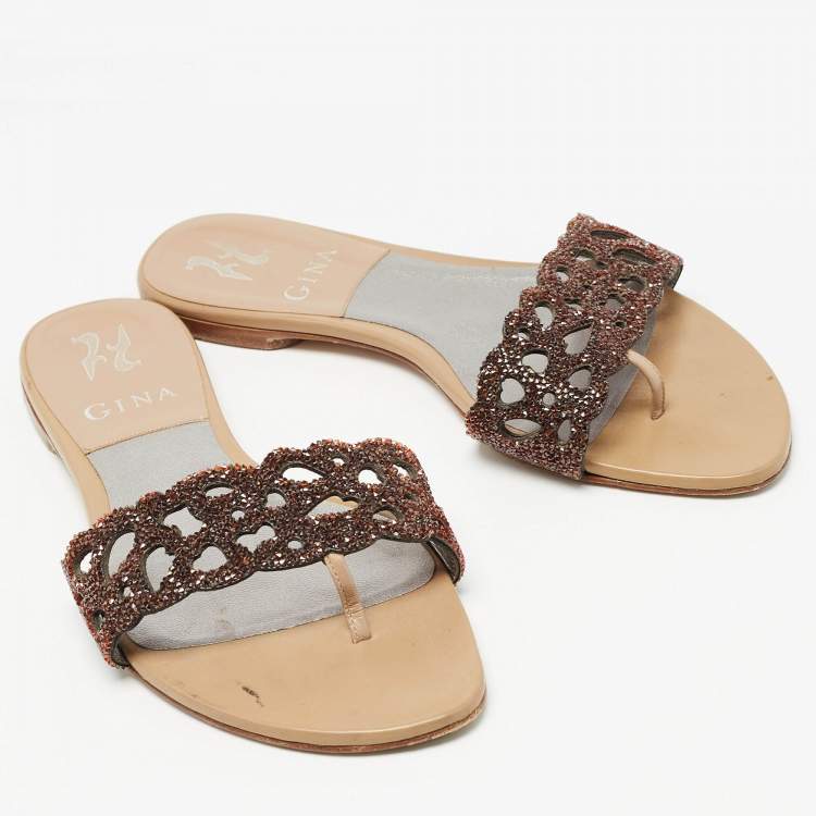 مملوكة مسبقًا Gina Brown Crystal Embellished Leather Thong Flat Slides Size 37
