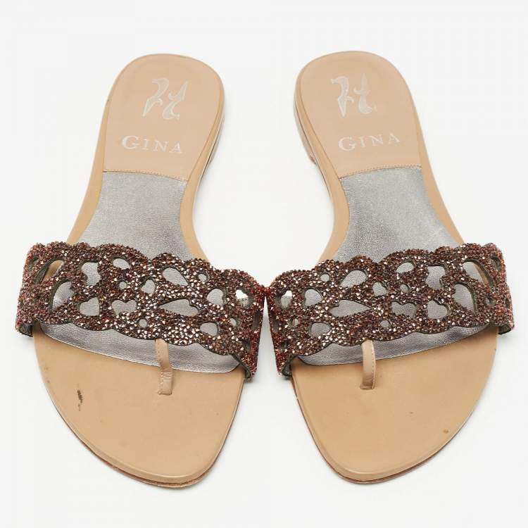 مملوكة مسبقًا Gina Brown Crystal Embellished Leather Thong Flat Slides Size 37